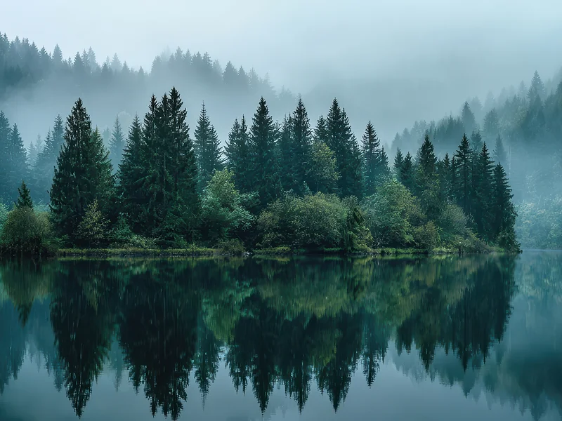 Misty forest valley at dawn