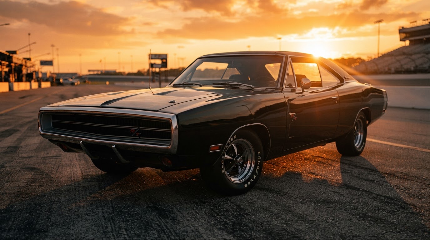 Black 1970 Charger on pit-lane asphalt