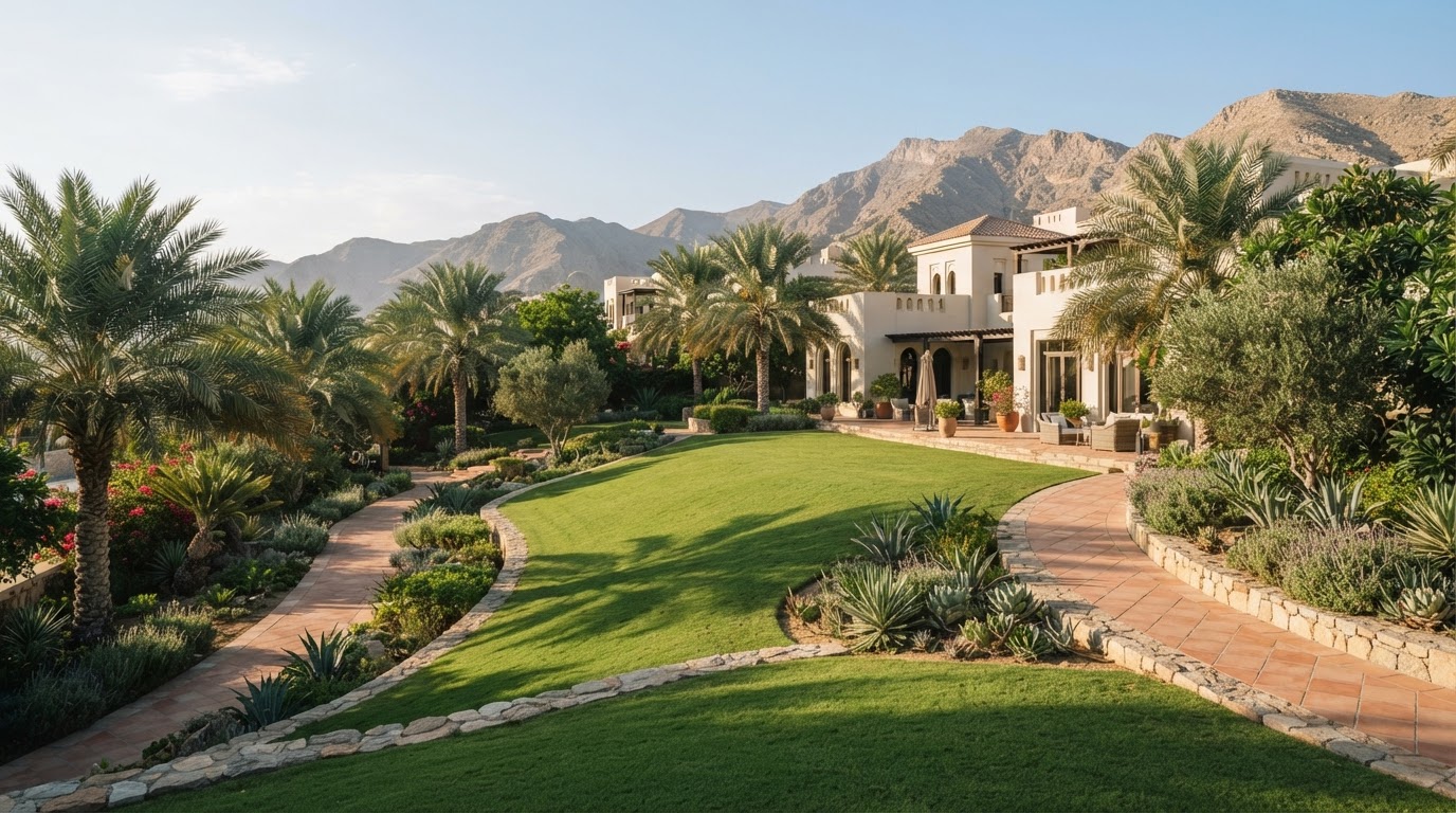 Carefully graded villa garden in Muscat with a healthy lawn and stone paths
