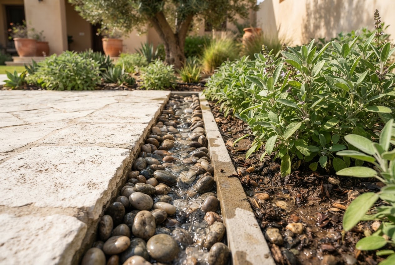 River pebbles and a discreet drainage channel beside garden paving