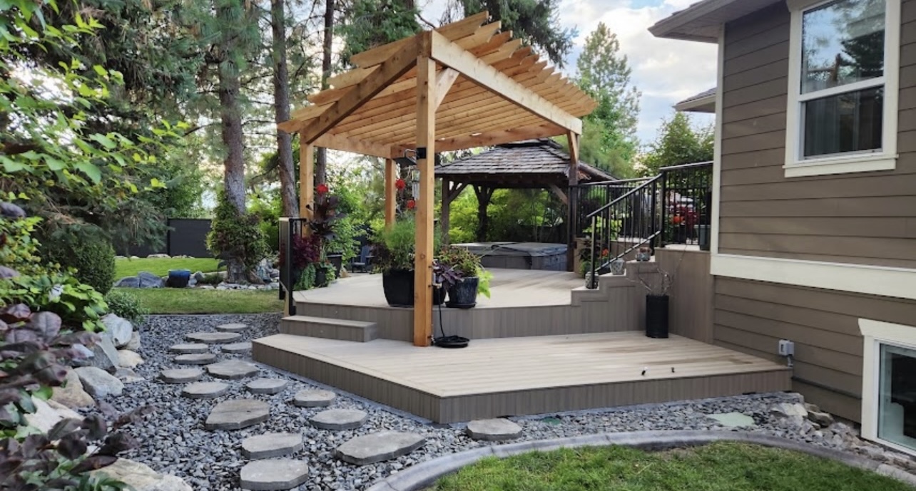 Custom residential deck overlooking a lake valley
