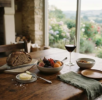 Mesa de madeira com produtos do campo e vinho
