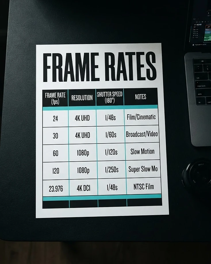 The Frame Rate Cheat Sheet printed on a desk