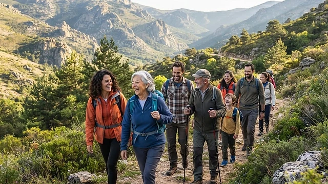 Grupo diverso de personas caminando por un sendero de montaña charlando animadamente