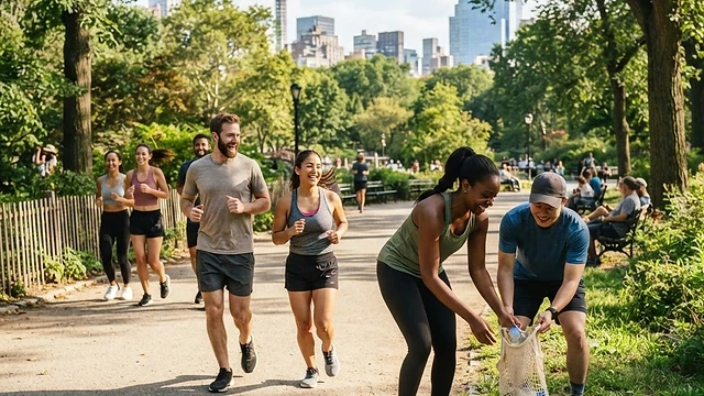 Grupo de personas haciendo ejercicio al aire libre mientras recogen residuos con guantes y bolsas