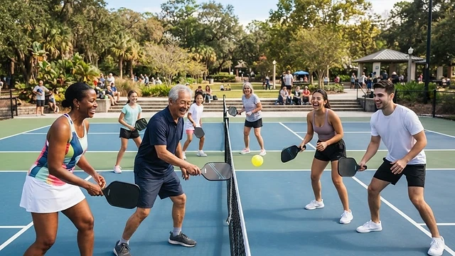 Grupo de personas sonriendo mientras juegan a pickleball en una pista al aire libre