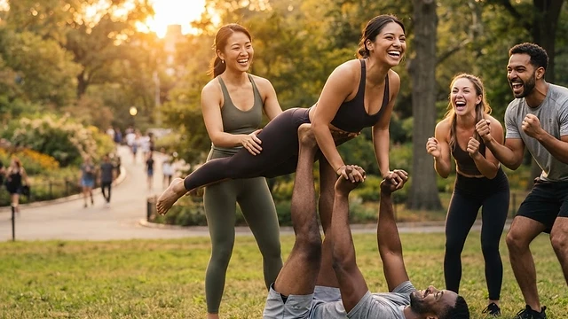 Tres personas practicando acroyoga en un parque soleado con risas y ambiente distendido.