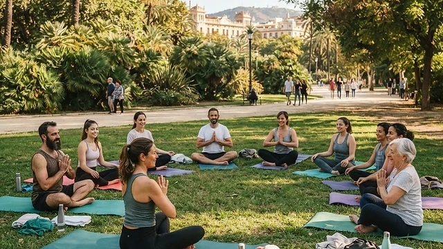 Grupo diverso de personas practicando yoga sobre esterillas en un parque soleado durante la mañana.