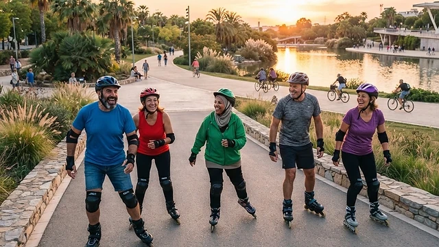 Grupo de personas diversas patinando felizmente en un parque urbano al atardecer.