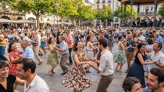 Grupo de personas sonriendo mientras bailan swing al aire libre en un parque
