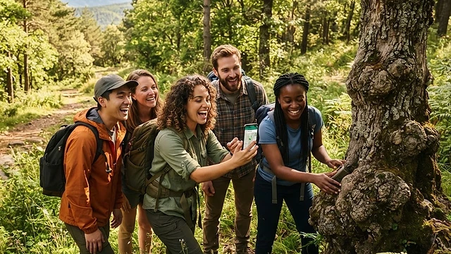 Grupo de amigos sonriendo mientras buscan un geocache en un bosque soleado.