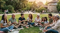 Grupo de personas sentadas en círculo en un parque español charlando sobre libros