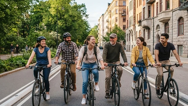 Grupo diverso de personas sonriendo mientras pedalean juntas por un carril bici en una ciudad soleada