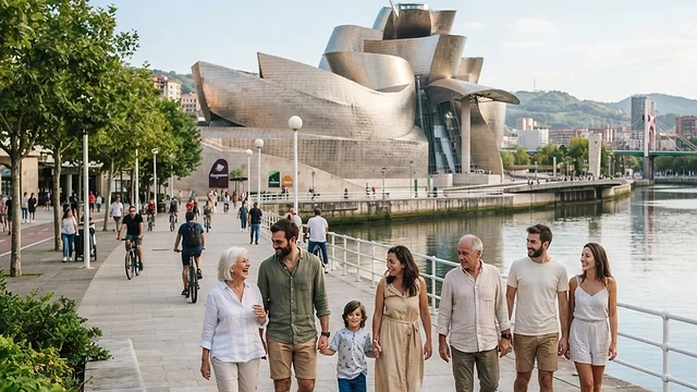 Grupo de personas paseando alegremente por la orilla de la ría de Bilbao frente al Museo Guggenheim