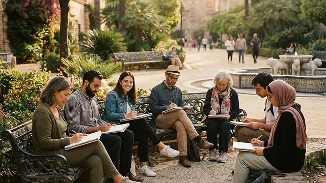 Grupo de personas dibujando en sus cuadernos de bocetos en una plaza histórica de España.