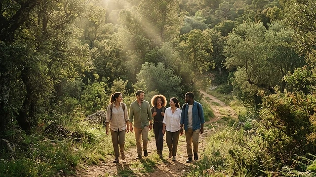Grupo de personas caminando lentamente por un bosque frondoso con luz natural filtrada entre los árboles.