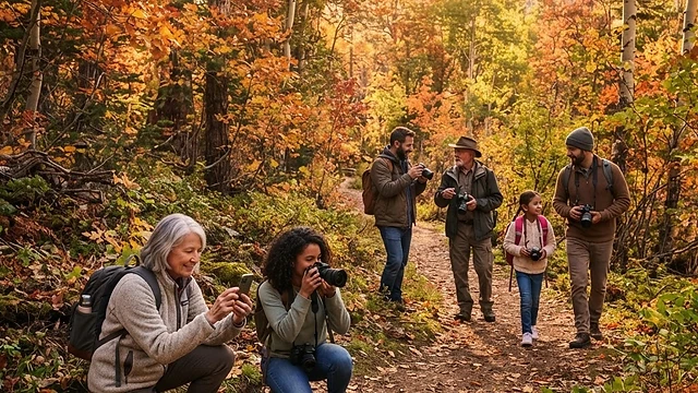 Grupo de amigos haciendo fotos en un bosque en otoño