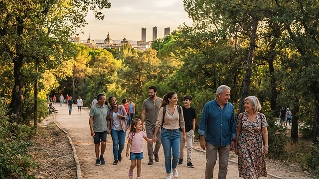Grupo de personas caminando y conversando alegremente por un parque arbolado en Madrid durante un día soleado