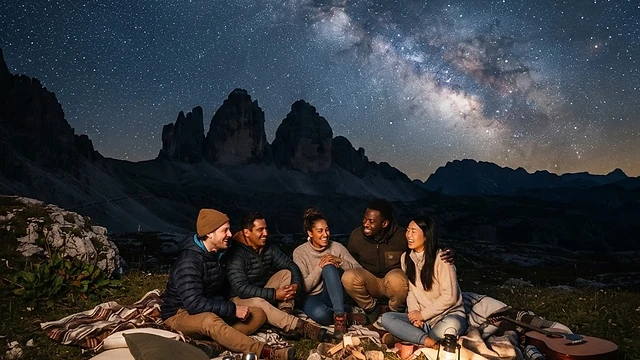 Grupo de personas observando el cielo nocturno estrellado en un campo abierto