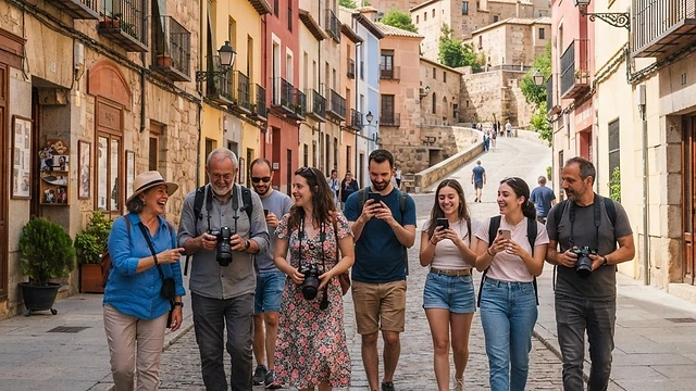 Grupo de personas con cámaras fotográficas caminando y charlando por una calle histórica soleada