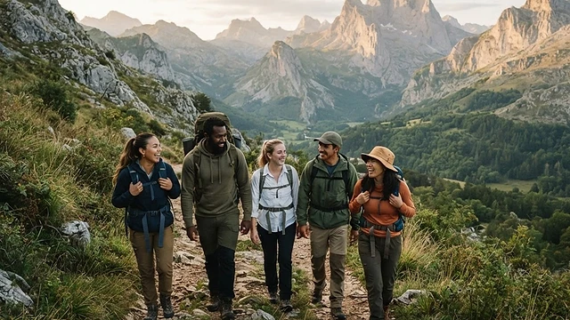 Grupo de personas haciendo senderismo en una montaña española con ropa de deporte sostenible y mochilas.