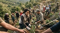 Grupo de voluntarios trabajando juntos en la reforestación de un bosque en un día soleado.