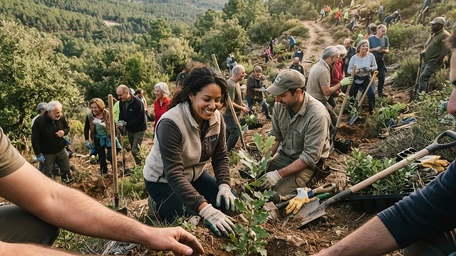 Grupo de voluntarios trabajando juntos en la reforestación de un bosque en un día soleado.