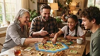 Grupo diverso de personas riendo mientras juegan a un juego de mesa en una mesa amplia de madera con luz natural.