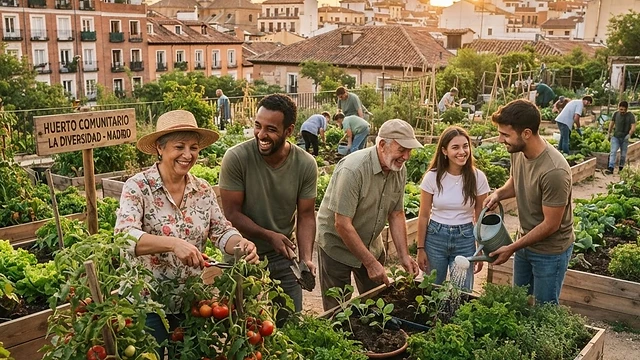 Grupo de personas de diversas edades trabajando felices en un huerto urbano comunitario al aire libre en España.