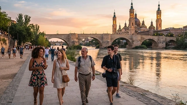 Grupo de personas caminando relajadas por la ribera del río Ebro en Zaragoza al atardecer
