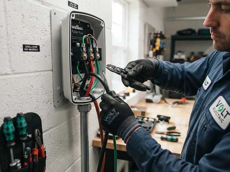 Electrician installing a Level 2 EV charger on a dedicated 240V circuit