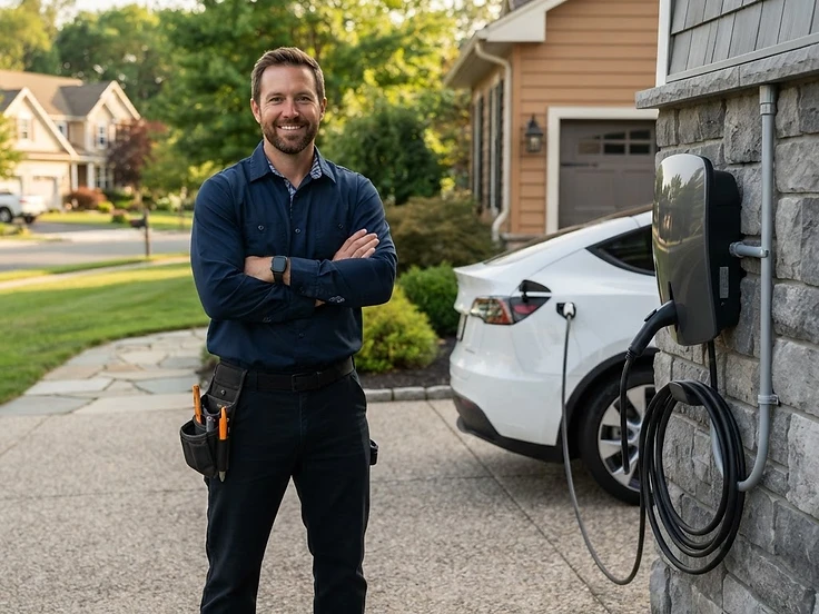Licensed electrician installing a home EV charging station