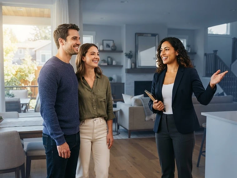 Real estate agent showing a modern home to prospective buyers