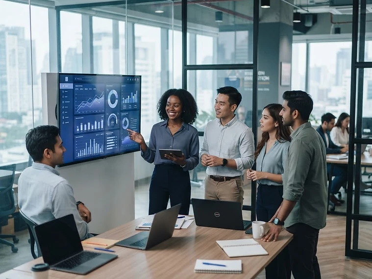 Software sales team reviewing a pipeline dashboard in a modern office