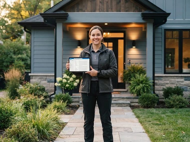 Home exteriors contractor reviewing inquiries on a tablet outside a renovated home