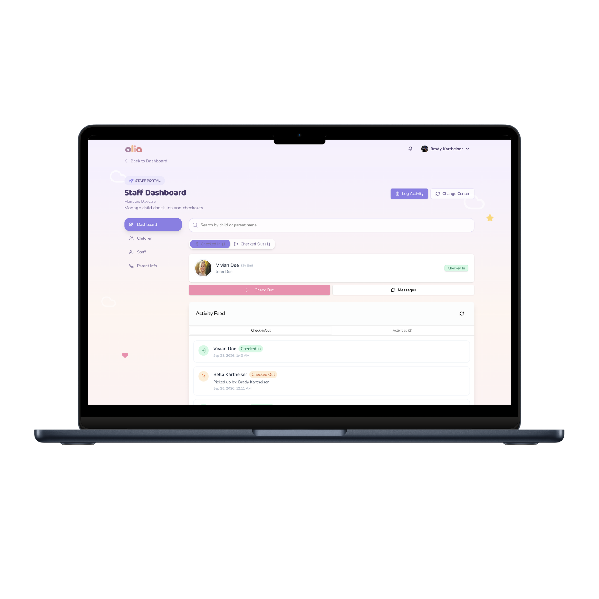 Olia staff dashboard on web and mobile