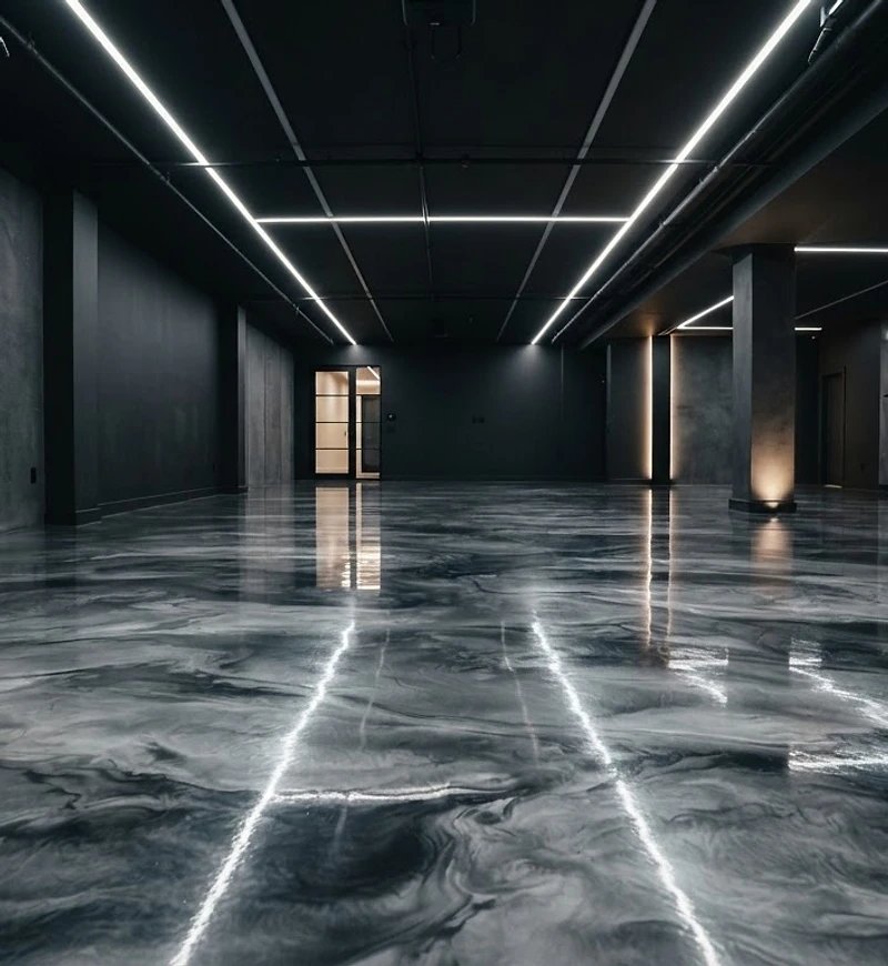 Premium metallic epoxy garage floor with mirror-like reflections