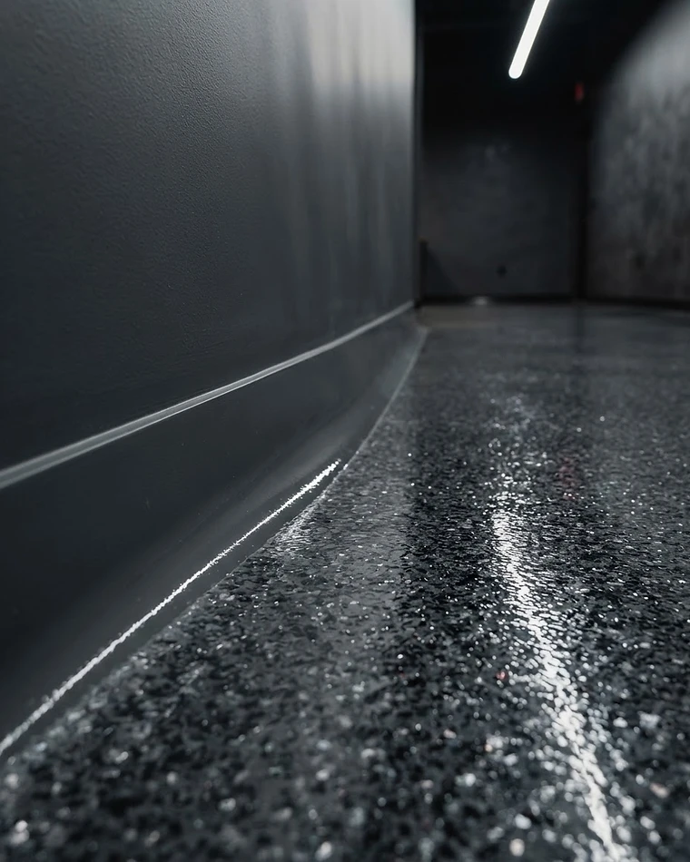 Close-up of a precisely finished epoxy floor edge