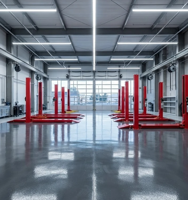Auto service shop with a glossy epoxy floor
