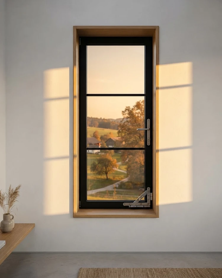 A Signature Series casement window with brushed steel hardware