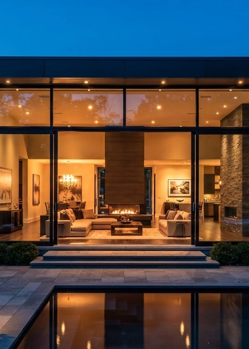 A modern GTA home at dusk, interior lights glowing through floor-to-ceiling glass doors