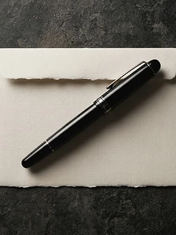 Fountain pen resting on a blank ivory envelope on dark stone