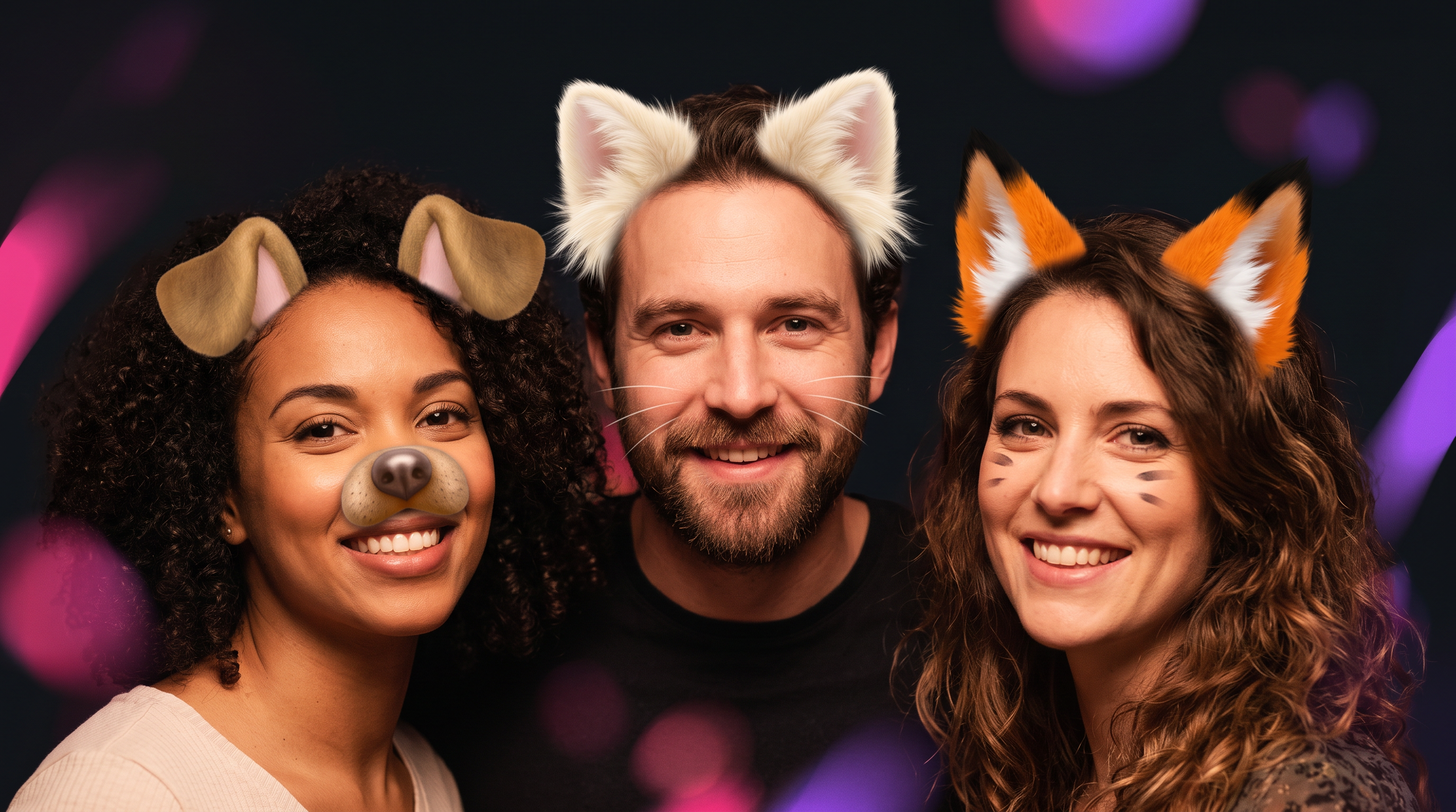 Three adults illustrating playful puppy, cat and fox AR face filters.