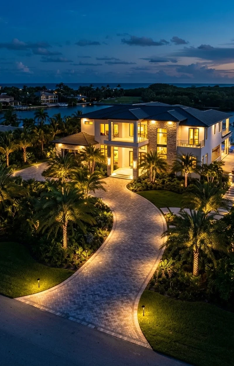Luxury paver driveway at dusk
