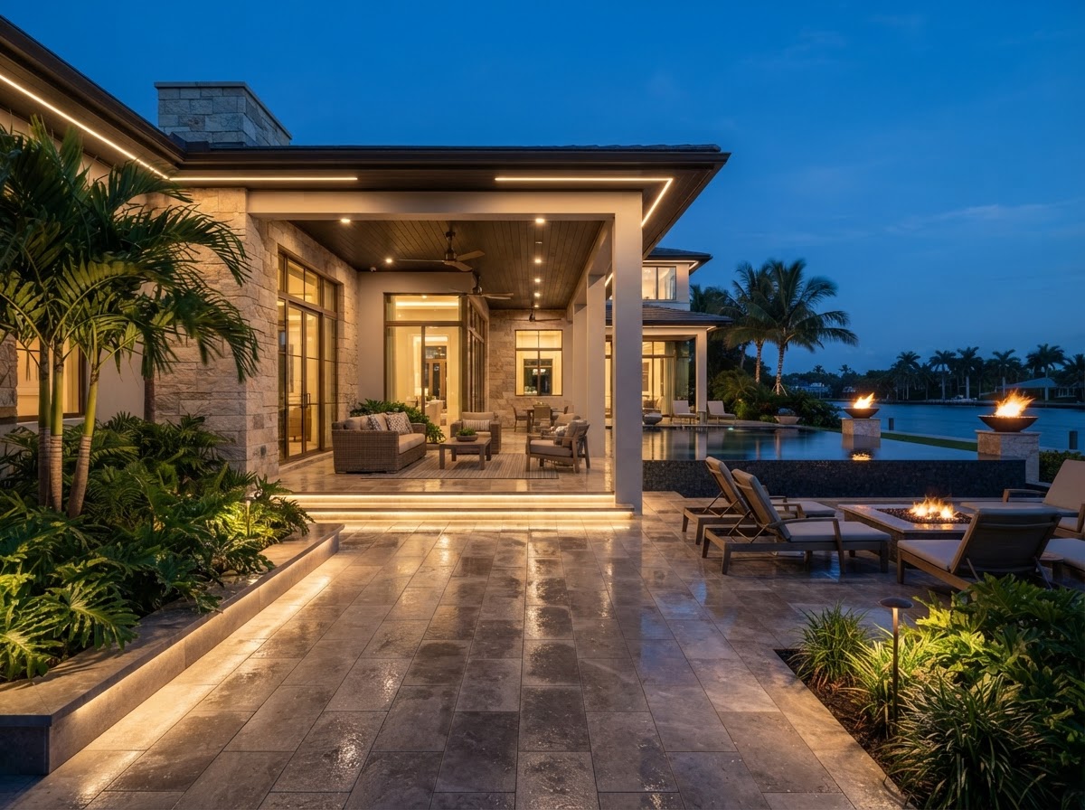 Elegant paved patio at dusk