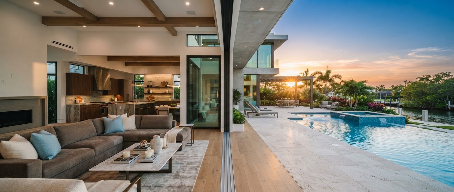 Luxury Florida home interior opening to a paved pool area at golden hour