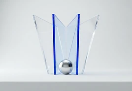 Transparent architectural glass pages with a cobalt edge