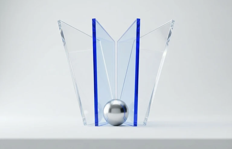 Transparent architectural glass pages with a cobalt edge