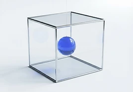 Cobalt sphere suspended in an architectural glass framework