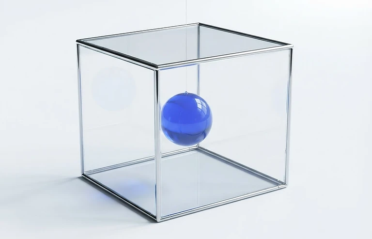 Cobalt sphere suspended in an architectural glass framework
